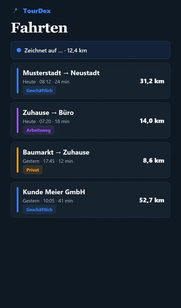 TourDex: automatisch erkannte Fahrten mit Kategorie