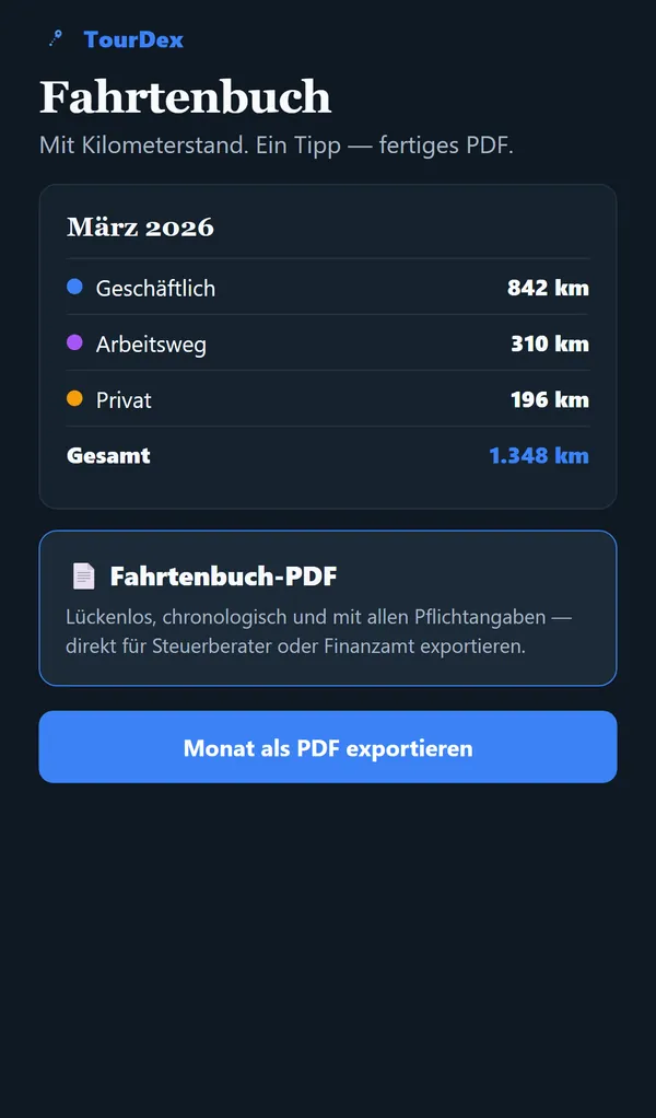 TourDex: Fahrtenbuch des Monats mit PDF-Export
